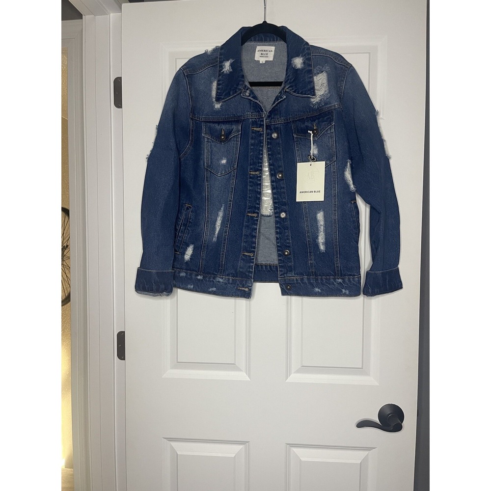 American Blue distressed Denim Trucker jean jacket Style T1004 large NWT